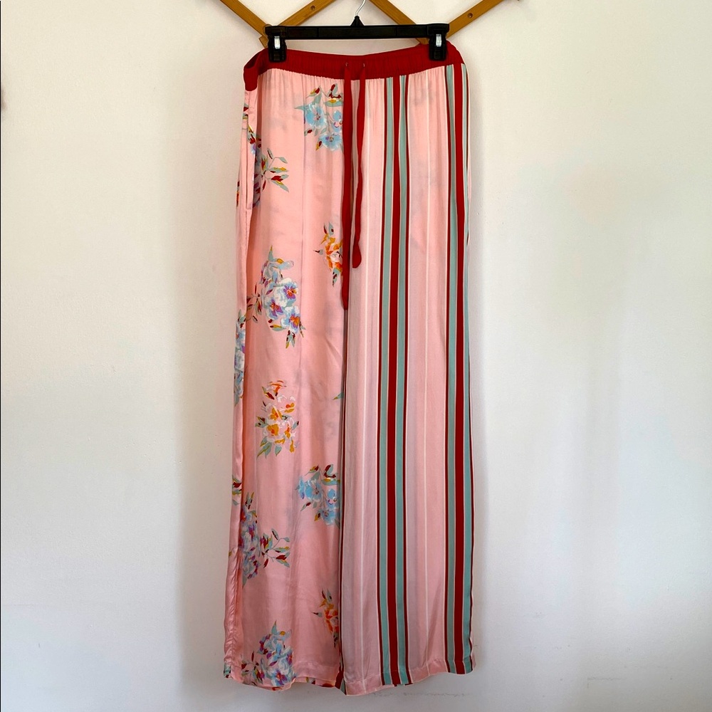 Anthropologie Silky Pajama Pants Pink Floral & Stripes Sz L